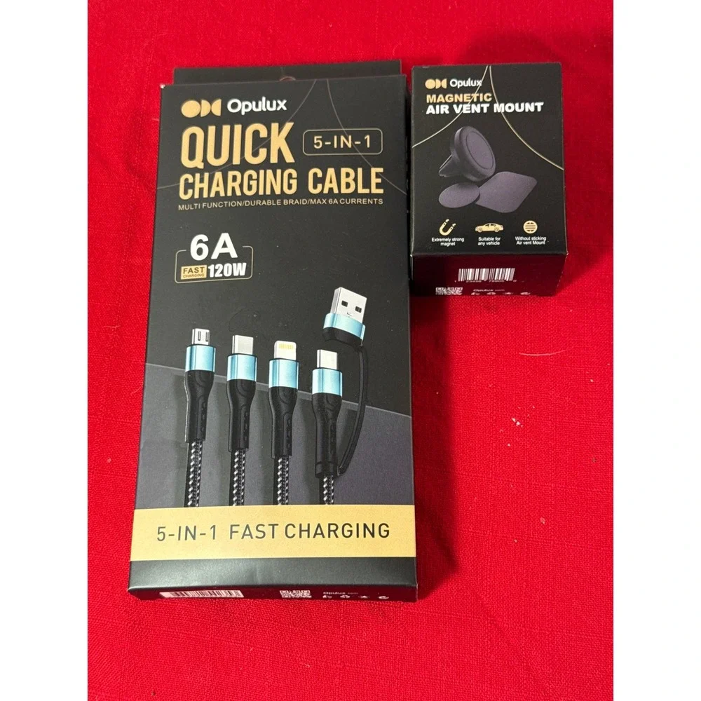 Opulux 5-in-1 Quick Charging Cable 120W 6A & Magnetic Car Air Vent Mount Bundle